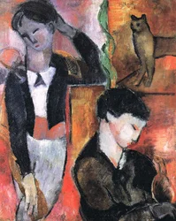 Deux enfants, un chat et un oiseau